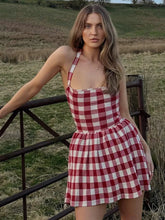 LIZAKOSHT  -  Sexy Halter Plaid Print Mini Dress Off-shoulder Sleeveless Spaghetti Strap Backless High Waist Red A-line Holiday Dress